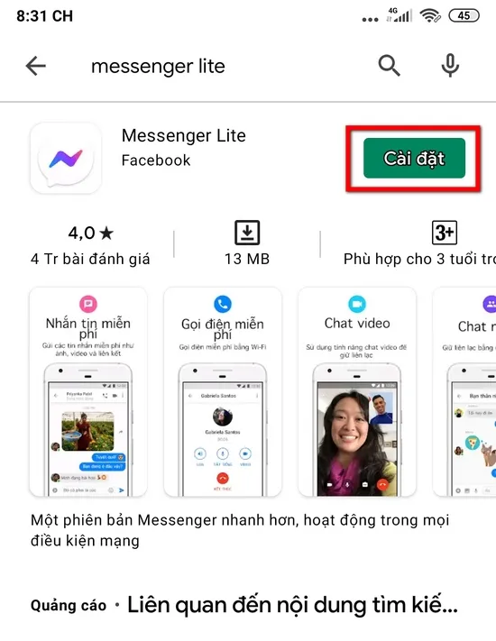 Hướng dẫn cài đặt Messenger Lite từ CH Play trên điện thoại Android, dành cho mạng yếu hoặc cấu hình thấp.