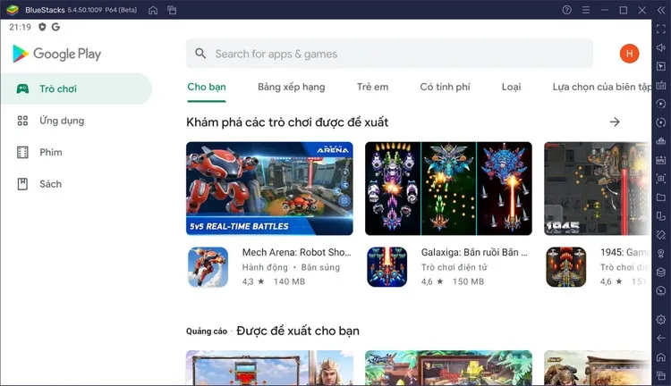 Giao diện chính của Google Play Store bên trong BlueStacks, sẵn sàng tìm kiếm Messenger.