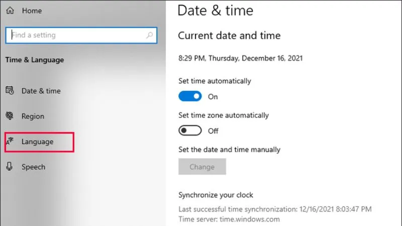Chọn Language trong giao diện Time and Language