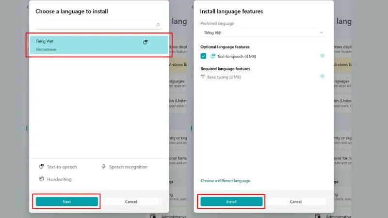Chọn Tiếng Việt và các tính năng ngôn ngữ cần cài đặt