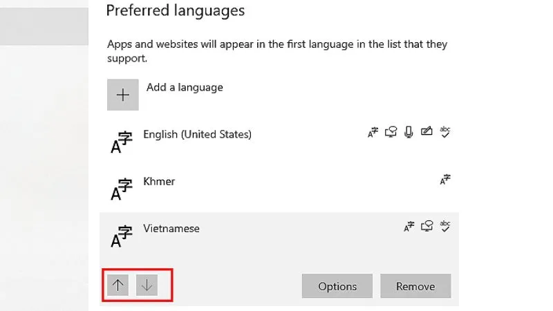 Di chuyển Tiếng Việt lên đầu danh sách để đặt làm ngôn ngữ mặc định