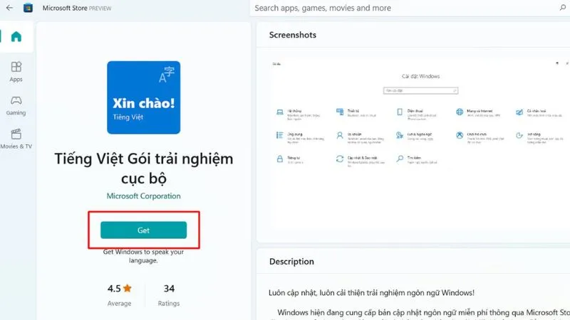 Mở Microsoft Store và tìm kiếm gói ngôn ngữ Tiếng Việt