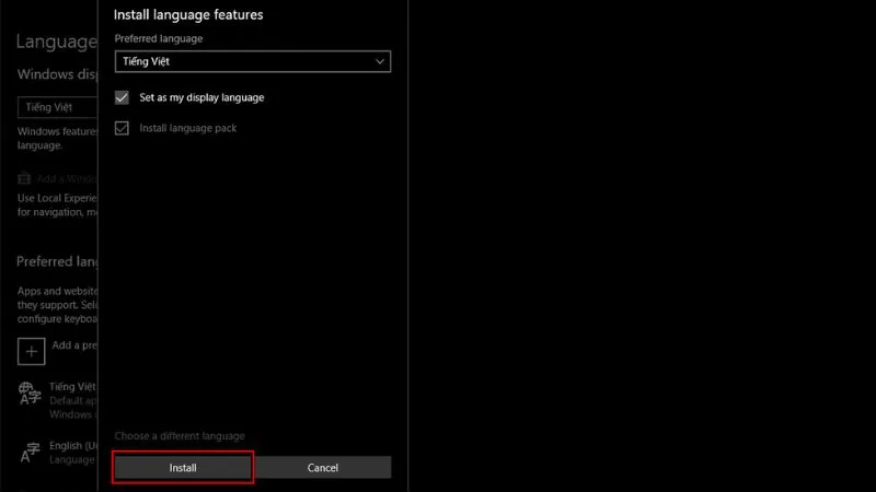 Nhấn Install để bắt đầu cài đặt gói ngôn ngữ qua Settings