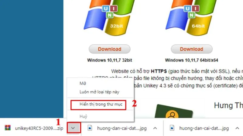Mô tả bước chọn Hiển thị trong thư mục sau khi tải Unikey