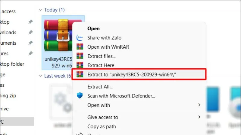 Chọn Extract to... để giải nén tệp Unikey đã tải