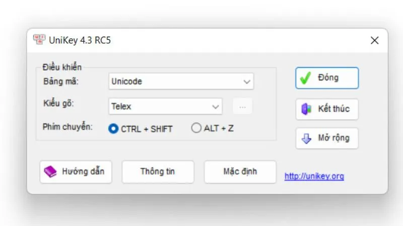 Giao diện chính của Unikey sau khi cài đặt