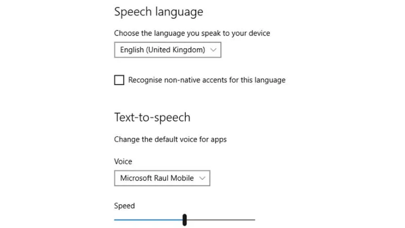 Giao diện Speech Language Settings trong Windows 10