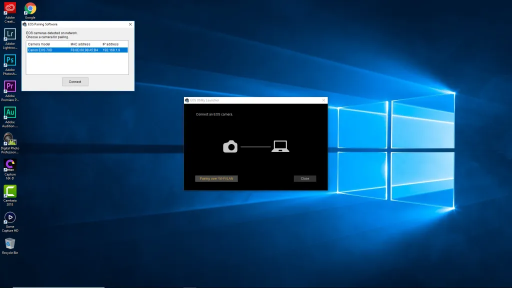 Hộp thoại trên EOS Utility hiển thị tên máy ảnh Canon và tùy chọn Connect