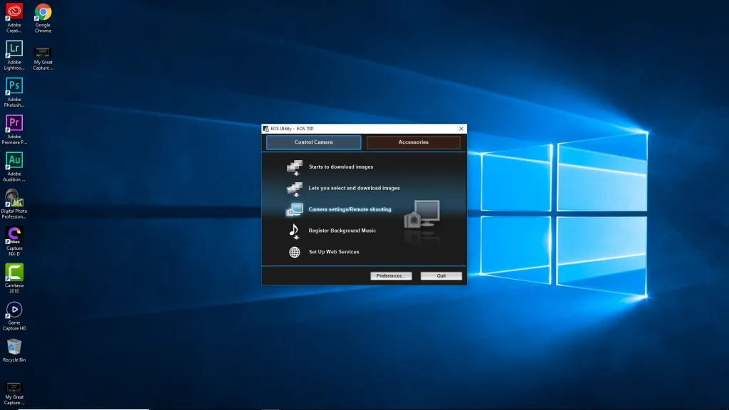 Giao diện chính của Canon EOS Utility sau khi kết nối thành công, cho phép điều khiển và tải ảnh
