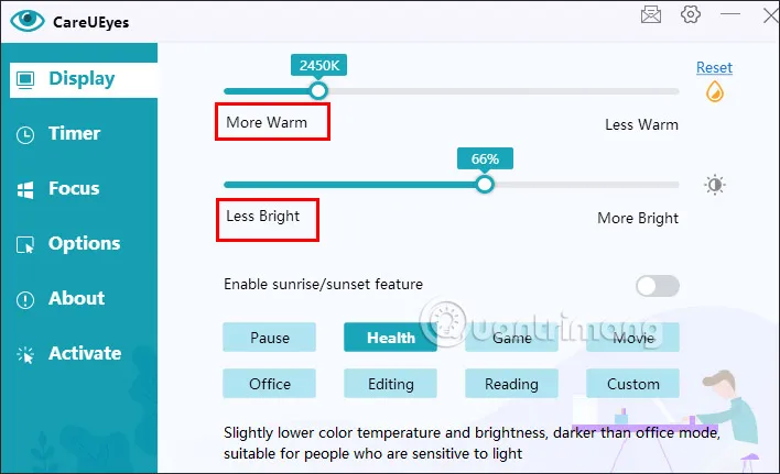 Thiết lập các chế độ lọc ánh sáng xanh và điều chỉnh độ sáng tối trong ứng dụng CareUEyes.