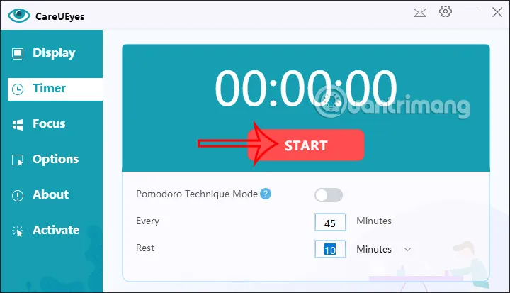 Cài đặt tính năng hẹn giờ nghỉ cho mắt (Timer) để bổ sung vào các cách giảm ánh sáng xanh trên máy tính.