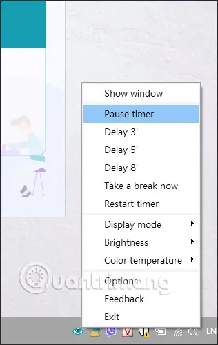 Các tùy chọn tạm dừng hoặc thoát phần mềm CareUEyes từ thanh Taskbar.