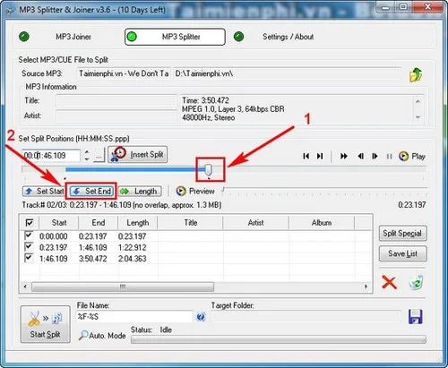 Thiết lập điểm kết thúc đoạn nhạc