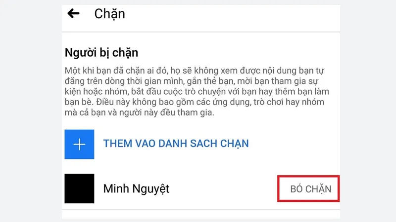 Danh sách những người bị chặn, hiển thị tùy chọn 'Bỏ chặn' để khôi phục tương tác.
