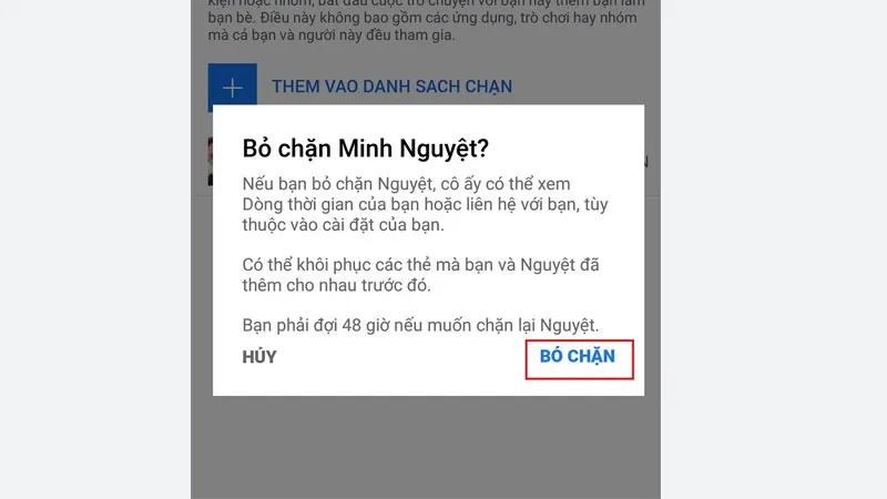 Thông báo xác nhận khi thực hiện thao tác gỡ chặn Facebook, đảm bảo người dùng đã sẵn sàng.