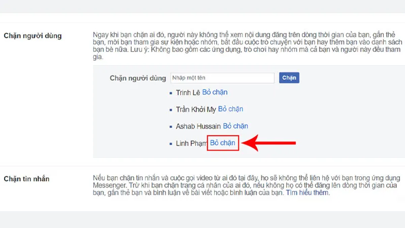 Giao diện quản lý Danh sách chặn trên máy tính, chi tiết cách gỡ chặn facebook trên máy tính nhanh nhất.