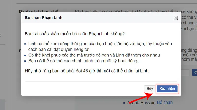 Nút xác nhận cuối cùng để hoàn tất quy trình gỡ chặn người dùng trên máy tính.