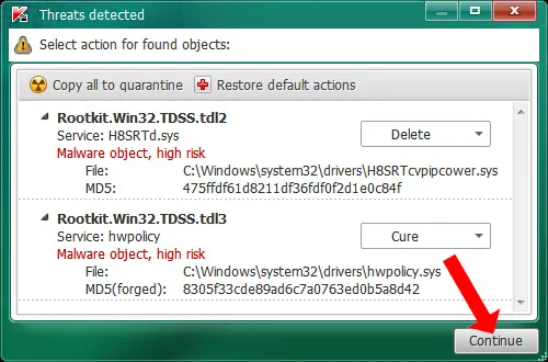 Thông báo phát hiện mã độc tiềm ẩn sau khi quét bằng công cụ TDSSKiller và tùy chọn Continue để xóa