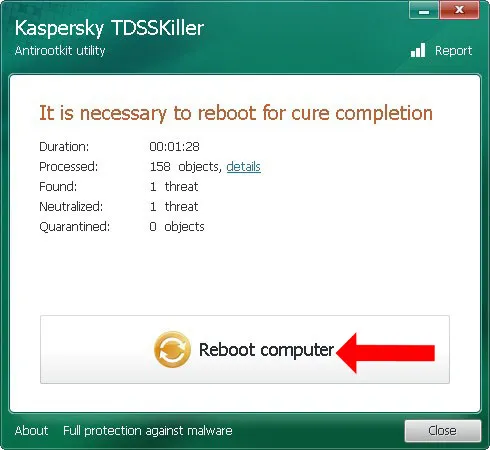 Hộp thoại yêu cầu khởi động lại máy tính (Reboot Computer) để hoàn tất việc loại bỏ mã độc