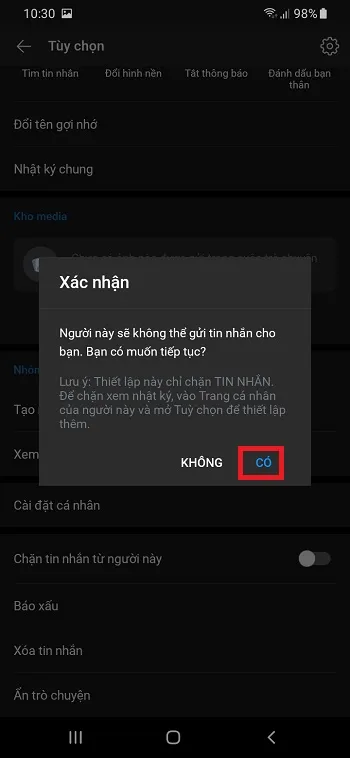Cửa sổ chặn liên lạc zalo