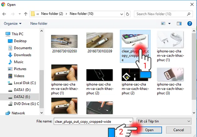 Cửa sổ trình duyệt tệp, lựa chọn các tệp đa phương tiện cần tải lên từ PC để gửi cho iPhone