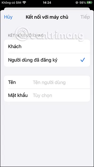 Điền thông tin máy chủ kết nối