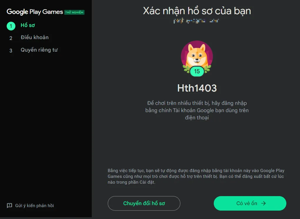 Màn hình xác nhận tài khoản Gmail và chấp nhận điều khoản sử dụng Google Play Games.