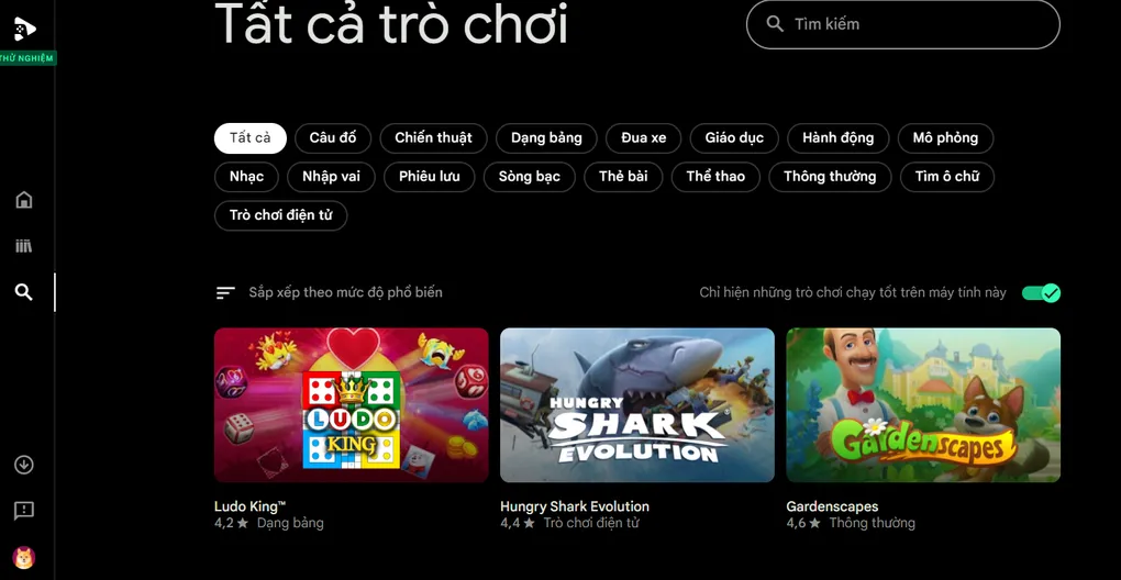 Giao diện thư viện game Android khổng lồ hiển thị trong ứng dụng Google Play Games PC.