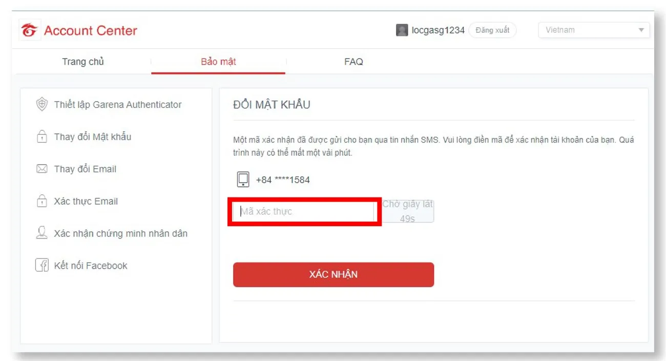 Quy trình xác minh mã bảo mật qua tin nhắn SMS khi đổi mật khẩu Garena, đảm bảo chỉ chính chủ mới thực hiện được thao tác thiết lập mật khẩu.