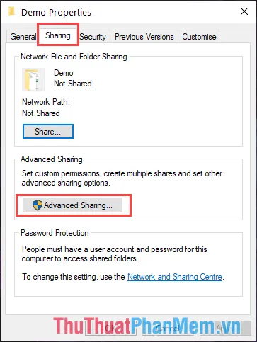 Chọn Advanced Sharing Để Thiết Lập Quyền Truy Cập Nâng Cao Cho Thư Mục Đang Chia Sẻ