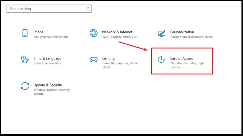 Lựa chọn mục Ease of Access trong Windows Settings