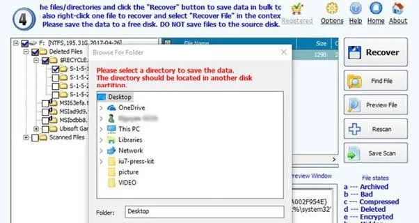 Thao tác chọn file cần khôi phục và xác định thư mục đích lưu trữ an toàn
