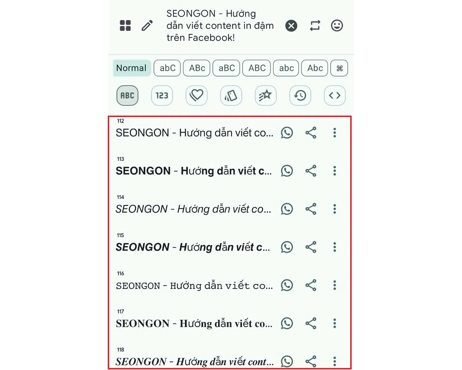 Lựa chọn các kiểu font chữ đã được in đậm và định dạng trên Stylish Text