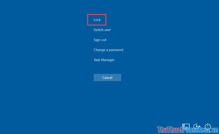 Thao tác khóa máy tính tạm thời (Lock) trong cửa sổ bảo mật