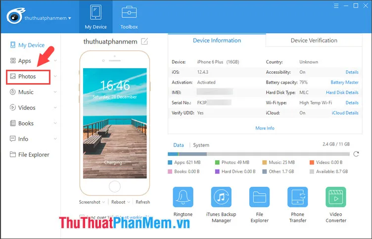 Kết nối thành công iPhone với iTools và chọn thẻ Photo để quản lý thư viện ảnh