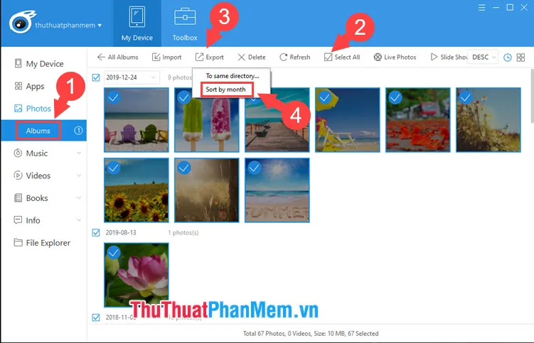 Thao tác chọn ảnh, Export và tùy chọn Sort by month (phân loại theo tháng) trong quá trình chuyển ảnh từ iPhone