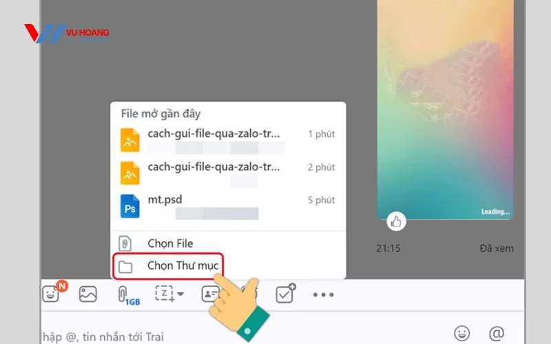 Giao diện chọn thư mục để gửi toàn bộ tài liệu qua Zalo trên máy tính