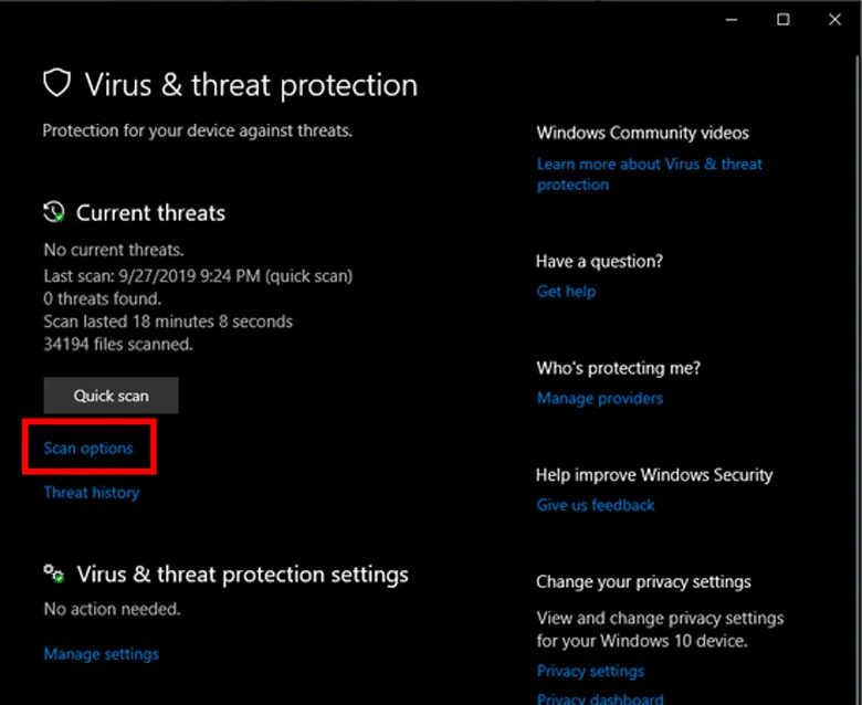 Các tùy chọn quét virus (Scan options) trong Windows Defender để người dùng lựa chọn phương thức diệt virus