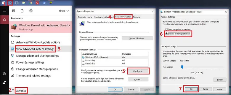 Tắt tính năng System Restore để tối ưu bộ nhớ khi tăng tốc máy tính Win 10