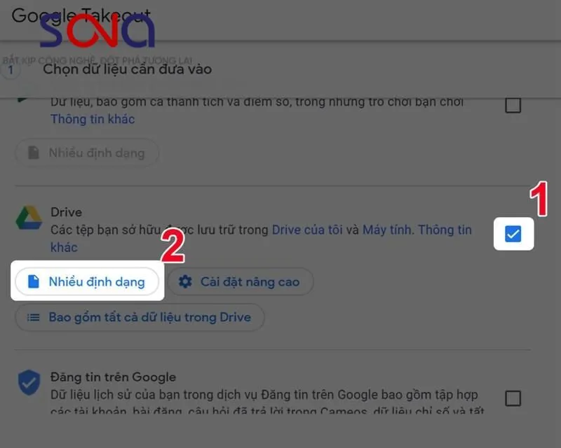 Chọn tùy chọn Drive trong Google Takeout để tải xuống tệp ảnh và dữ liệu từ tài khoản