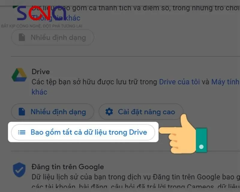Cấu hình dữ liệu, bao gồm tùy chọn tất cả dữ liệu trong Drive khi sử dụng Google Takeout