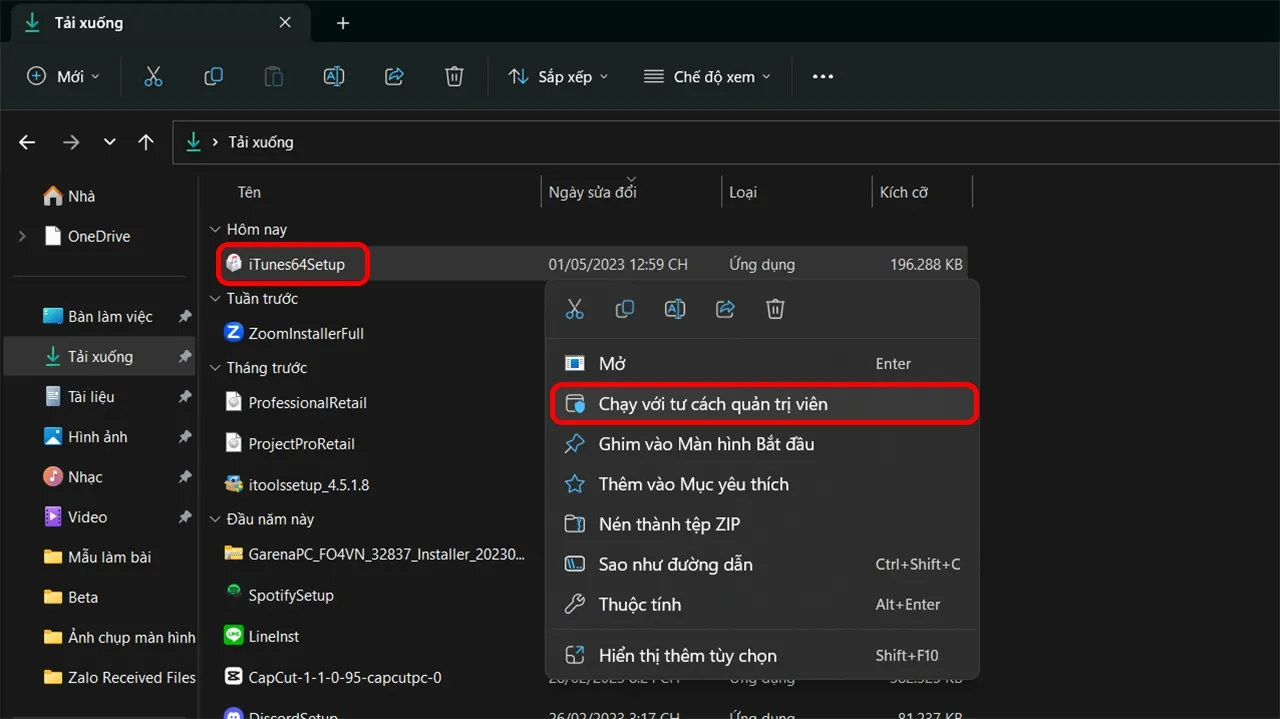 Chọn Run as administrator để cài đặt phần mềm iTunes trên máy tính Windows