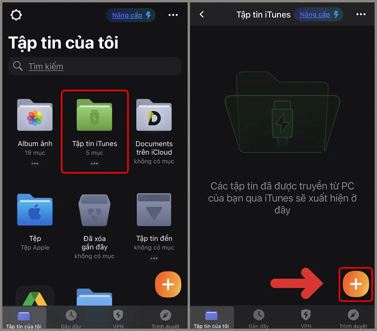 Truy cập Tập tin iTunes trong ứng dụng Documents và nhấn dấu cộng để thêm tệp ảnh cần chuyển