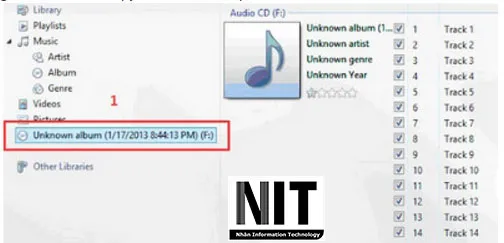 Giao diện Windows Media Player hiển thị các Track nhạc sau khi chèn đĩa Audio CD
