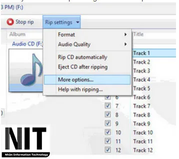Chọn More Options... trong WMP để thay đổi thư mục lưu trữ file nhạc đã rip