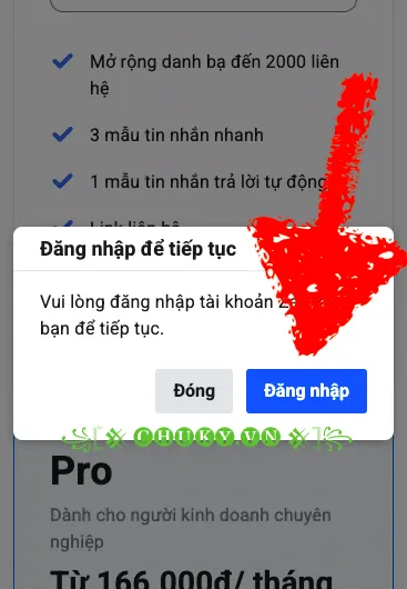 Các tùy chọn đăng nhập Zalo để bắt đầu quy trình nâng cấp tài khoản Business.