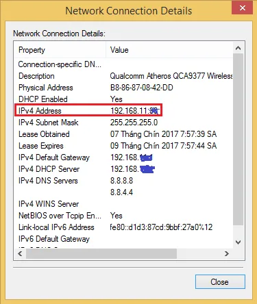 Xem Thông Số IPv4 Address Và Default Gateway Trong Network Connection Details