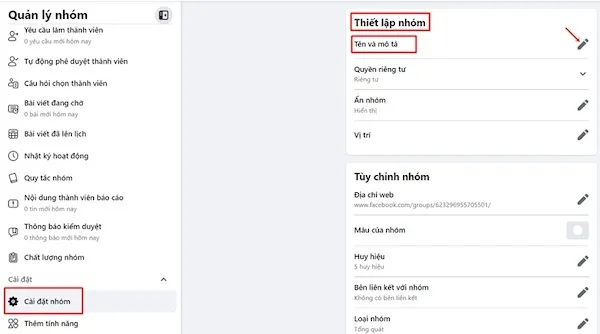 Khu vực nhập tên mới và mô tả cho nhóm Facebook trên giao diện desktop.