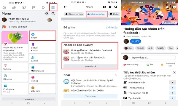 Các bước chọn nhóm muốn đổi tên trong giao diện quản lý nhóm của Facebook trên máy tính.