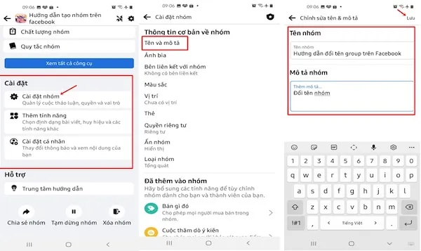 Giao diện Cài đặt nhóm, nơi người dùng chọn mục Tên và mô tả để tiến hành cách đổi tên trên facebook bằng máy tính.